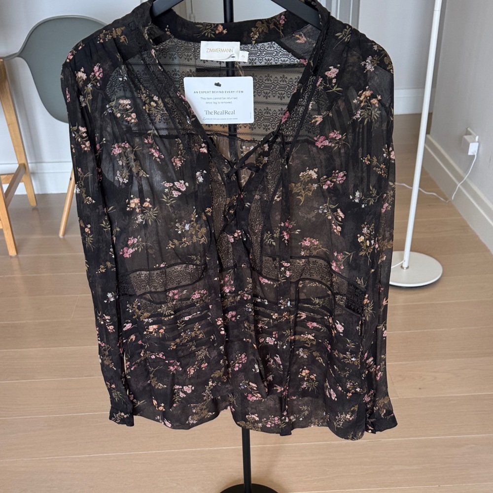 Zimmermann Black Floral Sheer Blouse with tie detail